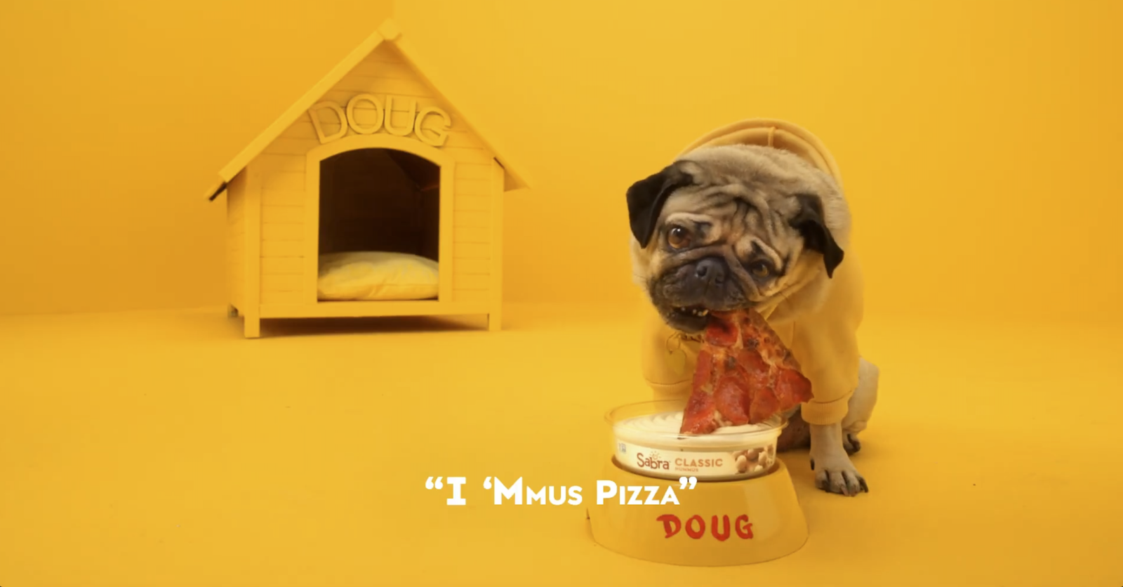 Doug the Pug Super Bowl Celebrity 'Mmus Pizza with Sabra